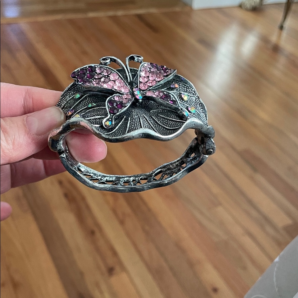 Silver Bracelet with Pink Butterfly Design